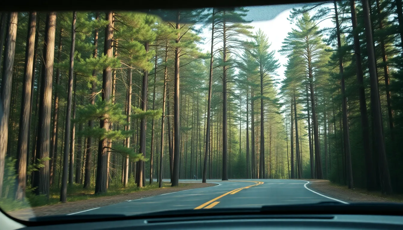 A forest highway winding through tall pines at dawn
