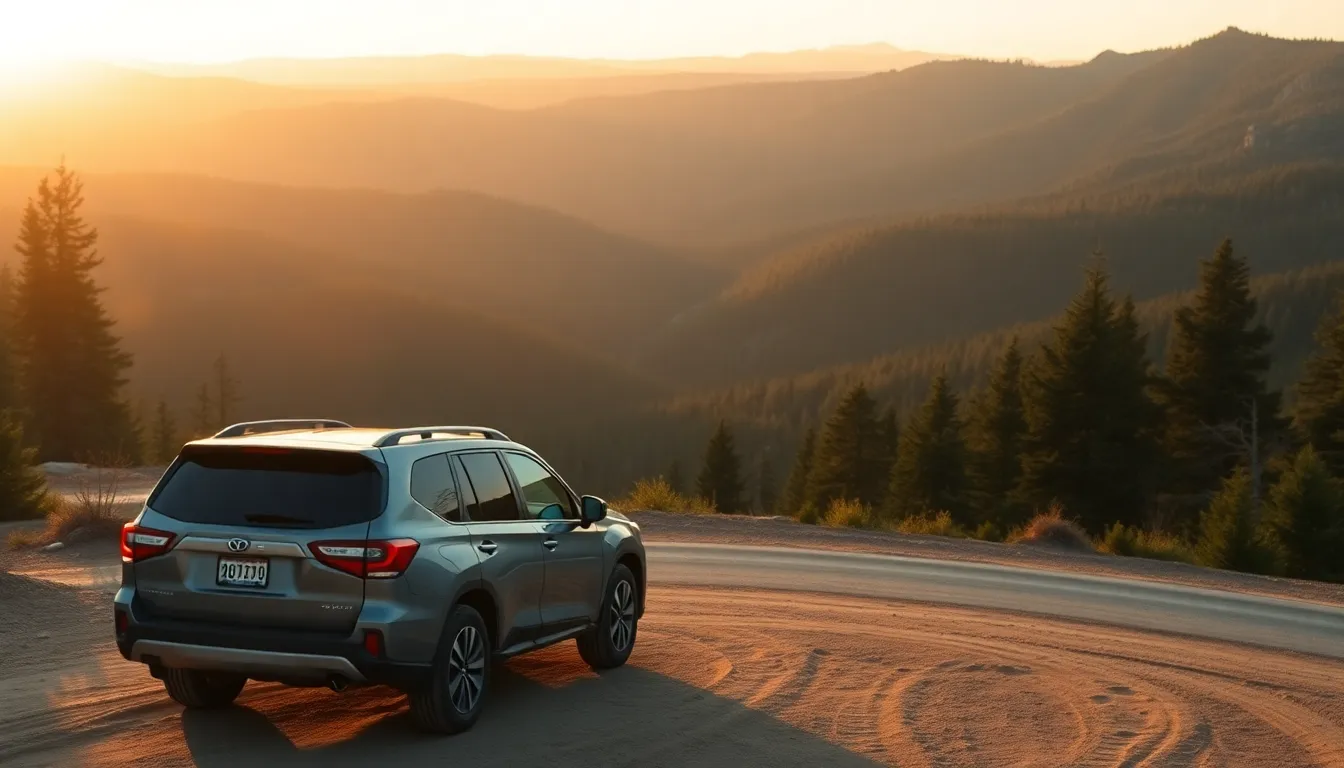 A traveler looking out over a mountain overlook beside a parked vehicle